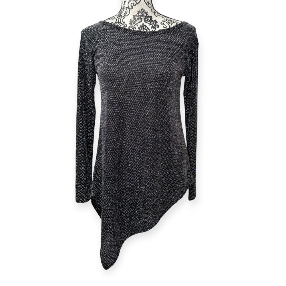Karen Kane Black Silver Metallic Knit Asymmetrical Hem Tunic Top Sz Sm Y2K Glam